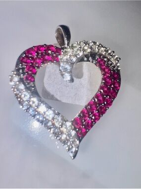 Genuine Ruby  & diamond CZ Sterling Silver  Vintage 925 Heart pendant Stunning